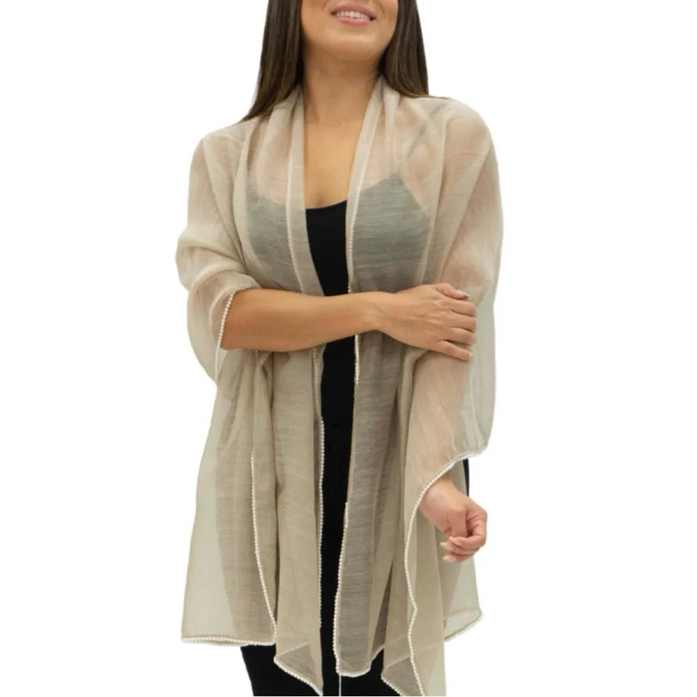 RANDI & WILL 12-Princess Latte Wool Silk Pearl Trimmed Shaw Scarf Women’s OS